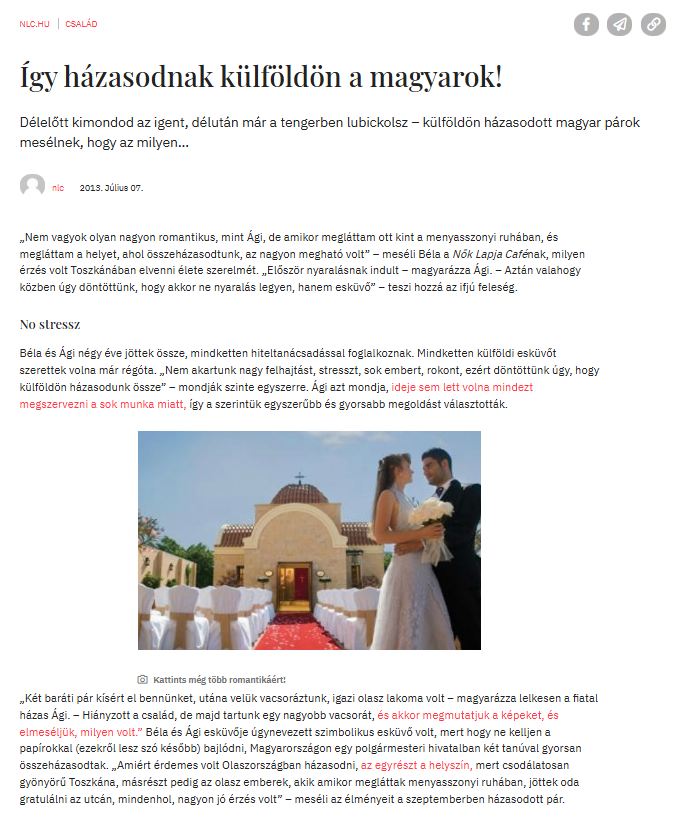 Az NLCAFE Toszkán Esküvő témájú cikkének képernyőképe